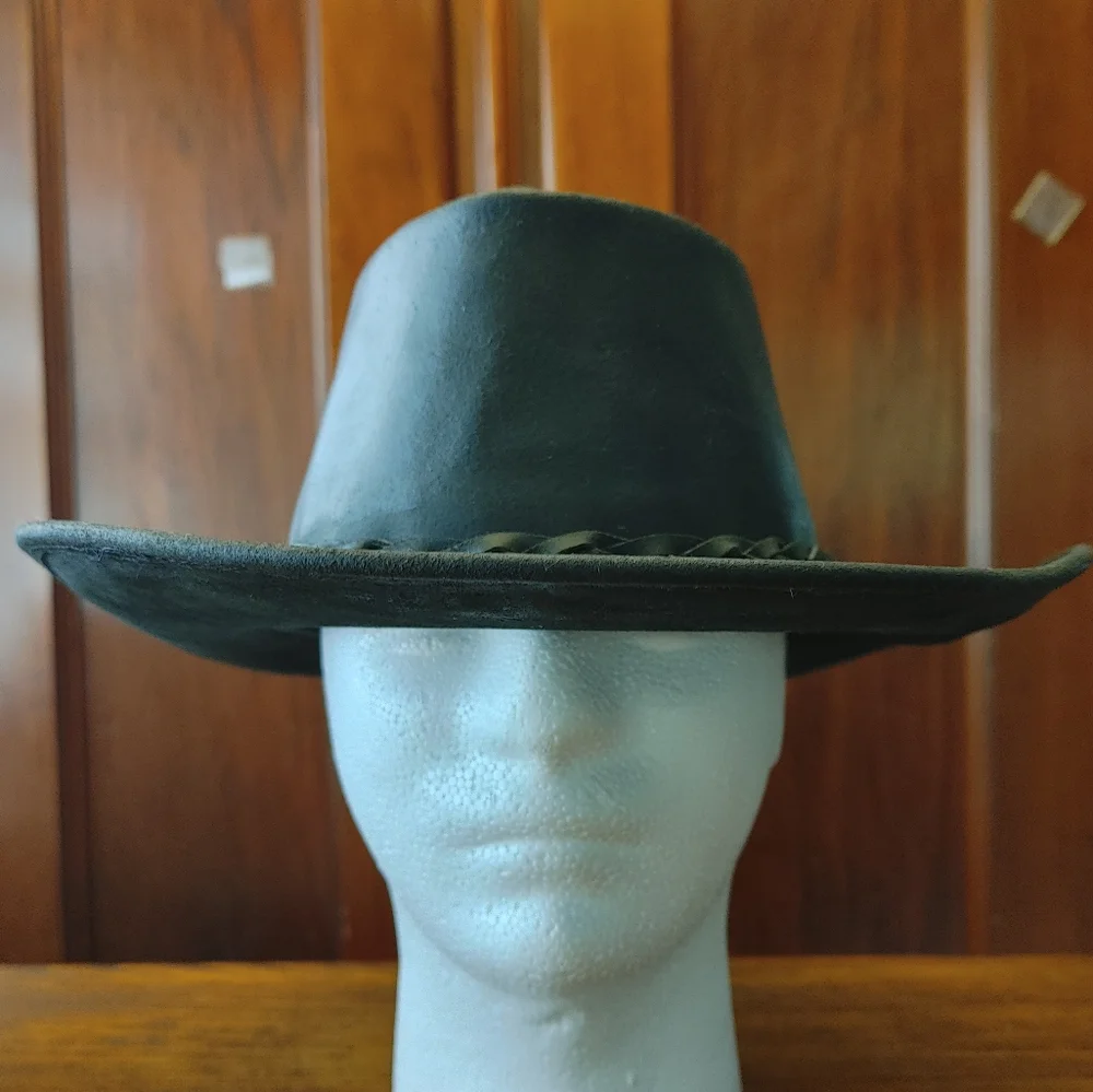 VINTAGE Black Leather Cowboy Hat US size M (abt 7-1/8 - 7-1/4) HANDMADE EC